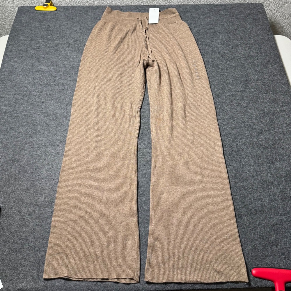 NEW Uniqlo Women Washable Knit Ribbed Pants Khaki Tan Wide Leg Large 461317